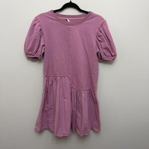 English Factory Dress Womens Medium Pink Puff Sleeve Drop Waist Ruffle Hem Knit